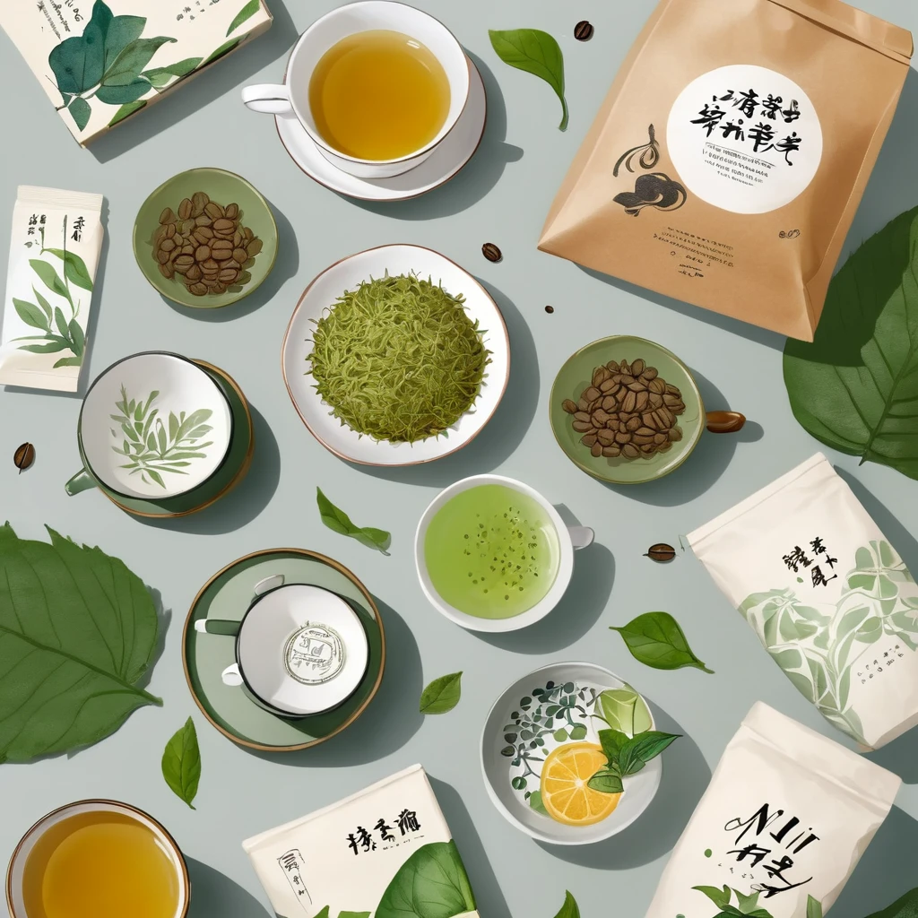 A set of tea sets for casual relaxation with illustrations,calligraphic fonts with green tones,coffee bags,paper bags,prints and accessories,with the theme of the harvest world,clean light gray background,(niji:2),hand-drawn,illustration style,