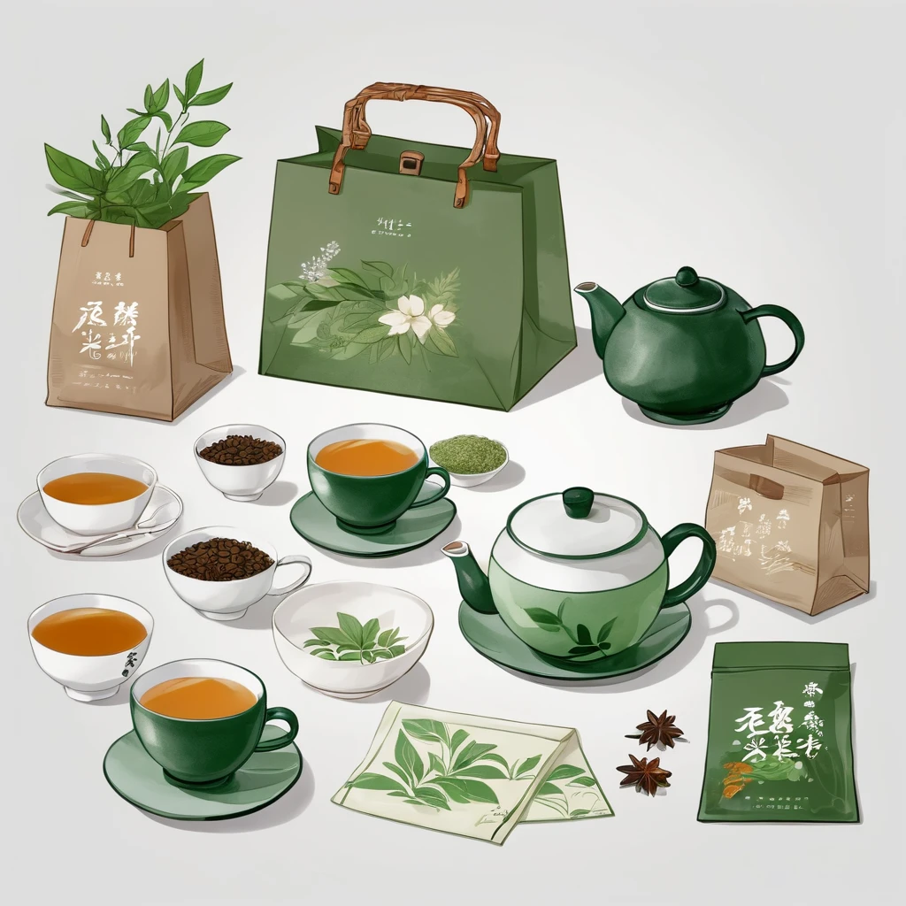 A set of tea sets for casual relaxation with illustrations,calligraphic fonts with green tones,coffee bags,paper bags,prints and accessories,with the theme of the harvest world,clean light gray background,(niji:2),hand-drawn,illustration style,