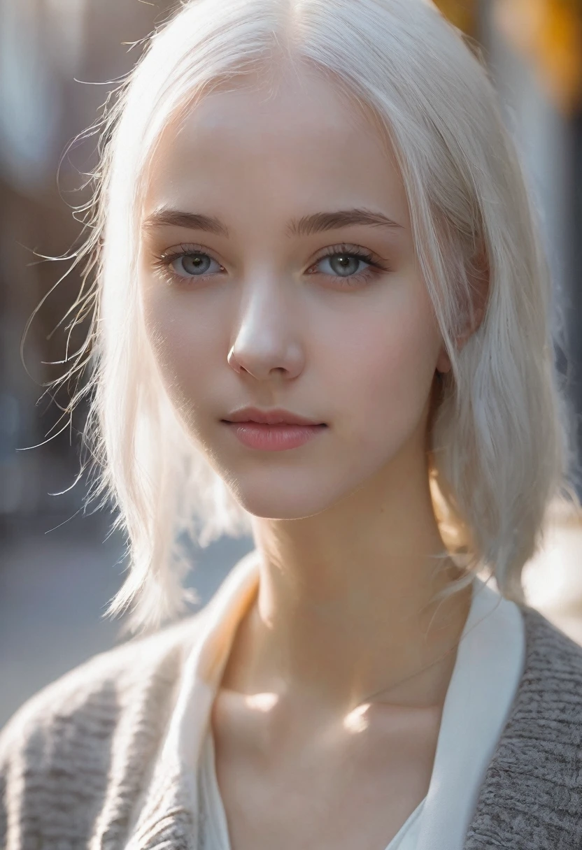 young girl(16 years). straight, White hair. thin, Noble features. Very white skin. grey eyes. thin белые брови. thin, Straight nose.