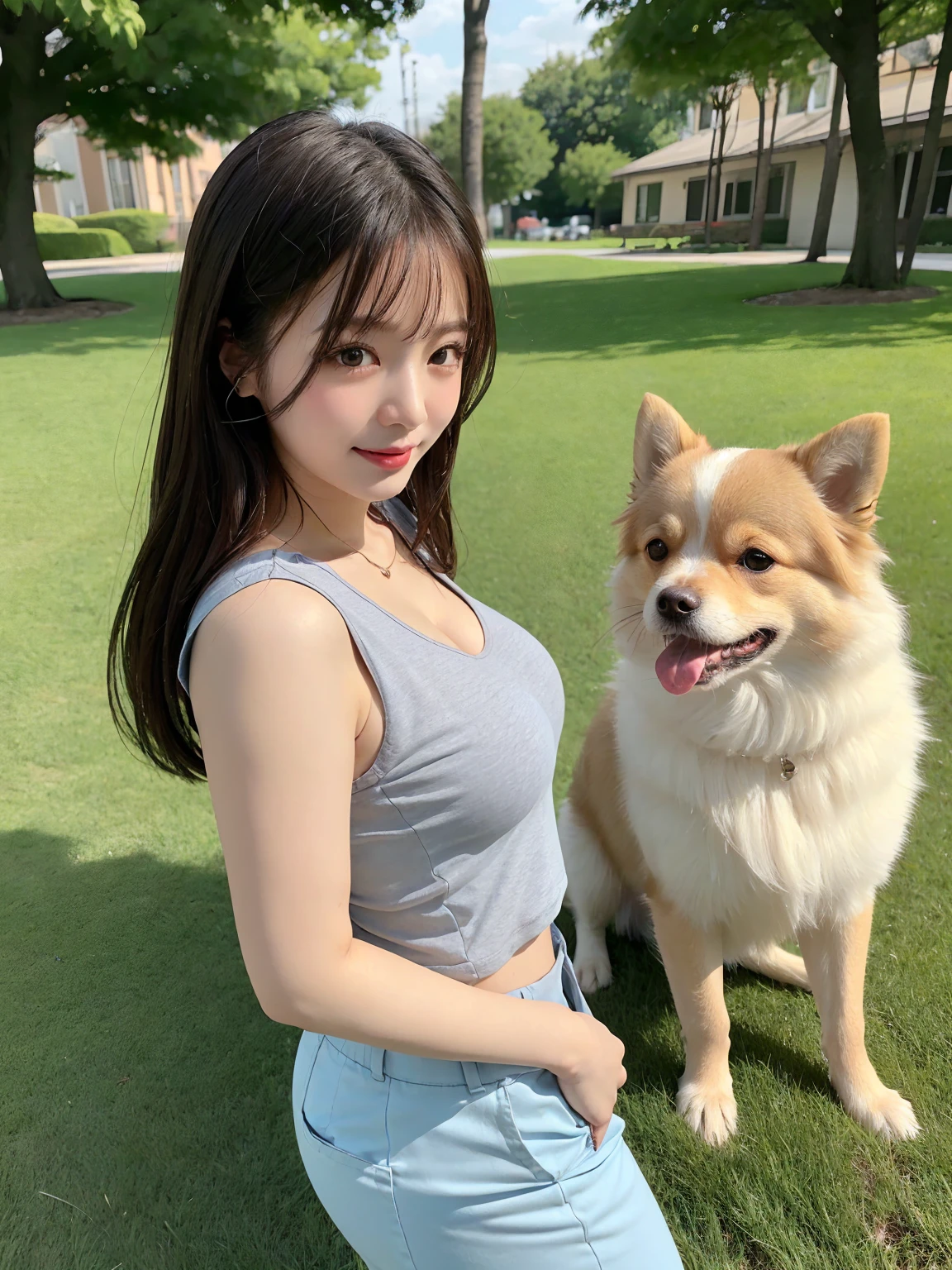 Tabletop, Highest quality, Realistic, In detail, High resolution, 8k wallpaper, Perfect dynamic composition, Beautiful attention to detail, (Biologically correct limbs, refer to, nail), Medium Hair, Shiny Hair, Big ample breasts, cleavage, Random pose、(Retro color, cute sleeveless t-shirt, cute chino pants)、Cute pumps, (Breast bulge:1.3)、Laughter、（Park scenery、grass), sunny, sitting, a girl, 23 years old, only, (Droopy eyes)、Adult Beauty、Japanese women、(Walking with the dog, a dog, Pomeranian, Small dogs), looking at the dog, side view,