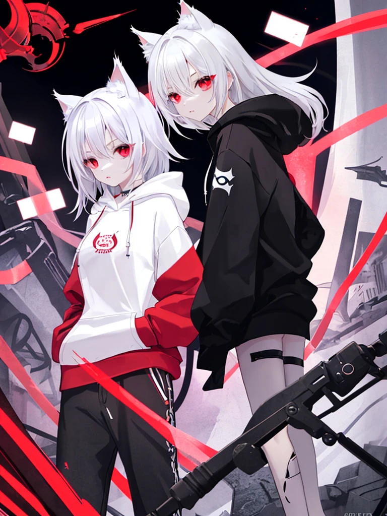 Cat ear、Beautiful Skin、girl、Red eyes、Silver Hair、hoodie、The right move