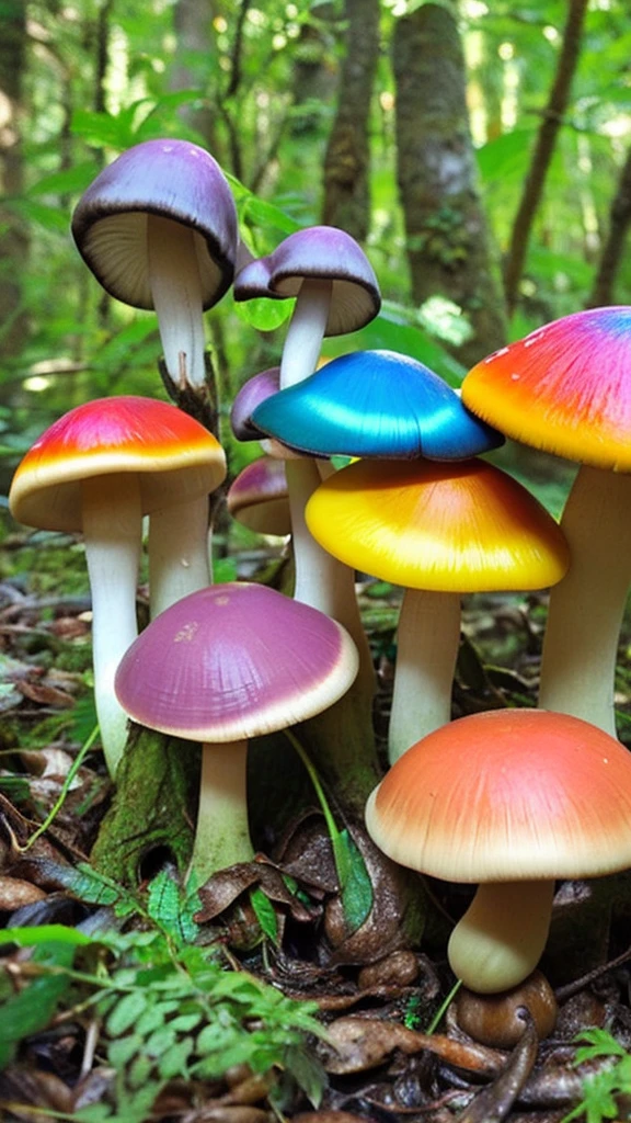 Rainbow-colored mushrooms, in the forest, small mushrooms, full of mushrooms
