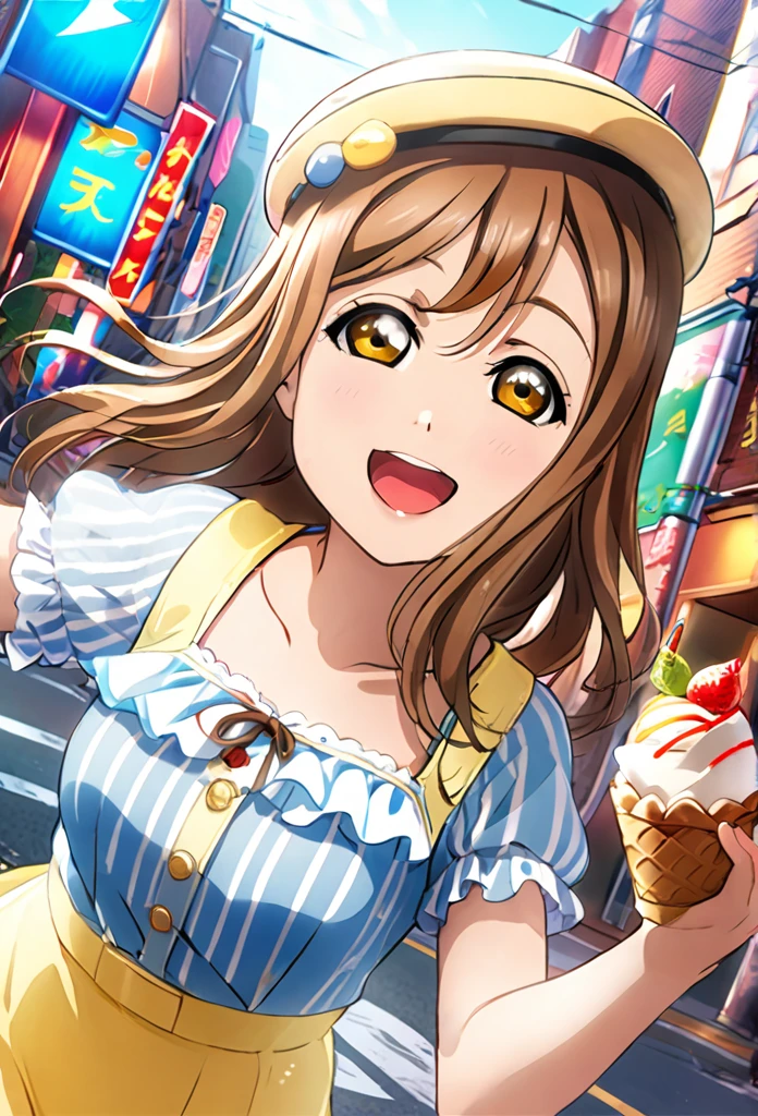 Ultra-realism、One Girl, Long Hair, smile, Hanamaru Kunikida、Reaching out、Background Street、Give ice cream、Red cheeks