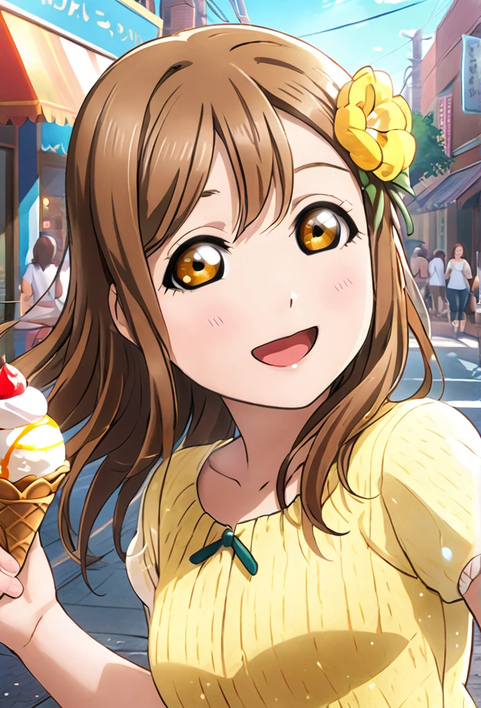 Ultra-realism、One Girl, Long Hair, smile, Hanamaru Kunikida、Reaching out、Background Street、Give ice cream、Red cheeks