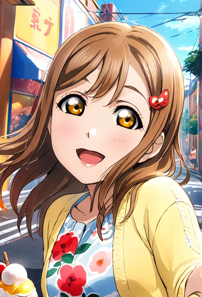 Ultra-realism、One Girl, Long Hair, smile, Hanamaru Kunikida、Reaching out、Background Street、Give ice cream、Red cheeks