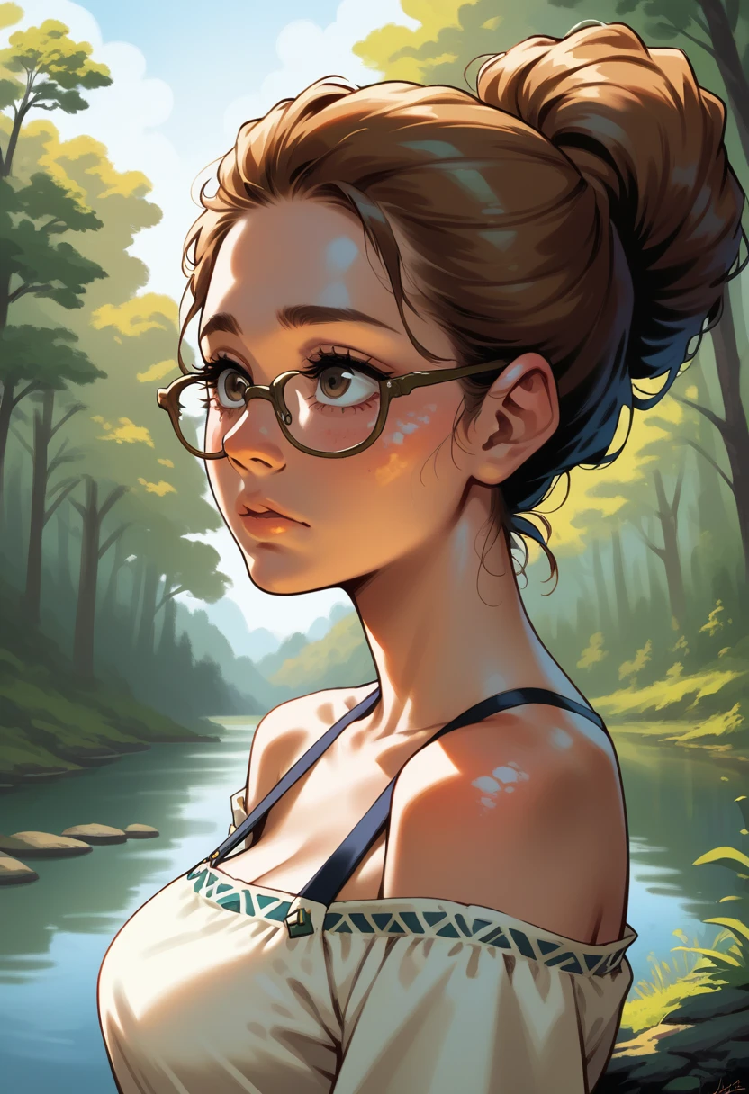 1girl, european girl, 18 years old, long light-brown hair, ponytail curvy hair, cute face, average breast, in Lingerie  lake in forest, lake, source_realictic, deatiling painting, brown eyes, detailing body, detailing face, side view, glasses, in full growth, shy