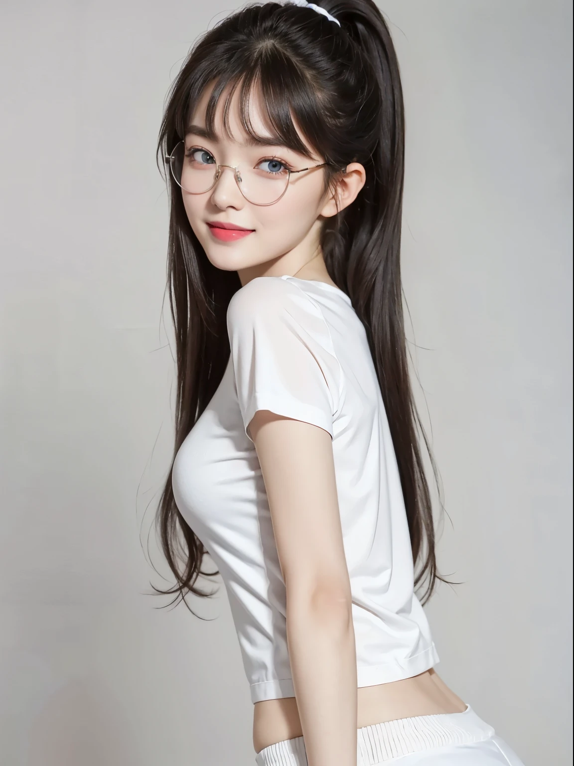 (Best quality, masterpiece, detailed), (RAW, 4k, hd images), shy, 1 girl, , white skin, long hair, ponytail, layers hair, bangs, black hair, beautiful girl, cute girl, sweet girl, pretty girl, perfect girl, pretty eyes, blue eyes, thin lips, thin, eye line, perfect round breast, glasses(detailed frame), simple background, smile, thigh, legs, tshirt clothes, short pants, standing, side angle capture, half body, side breast