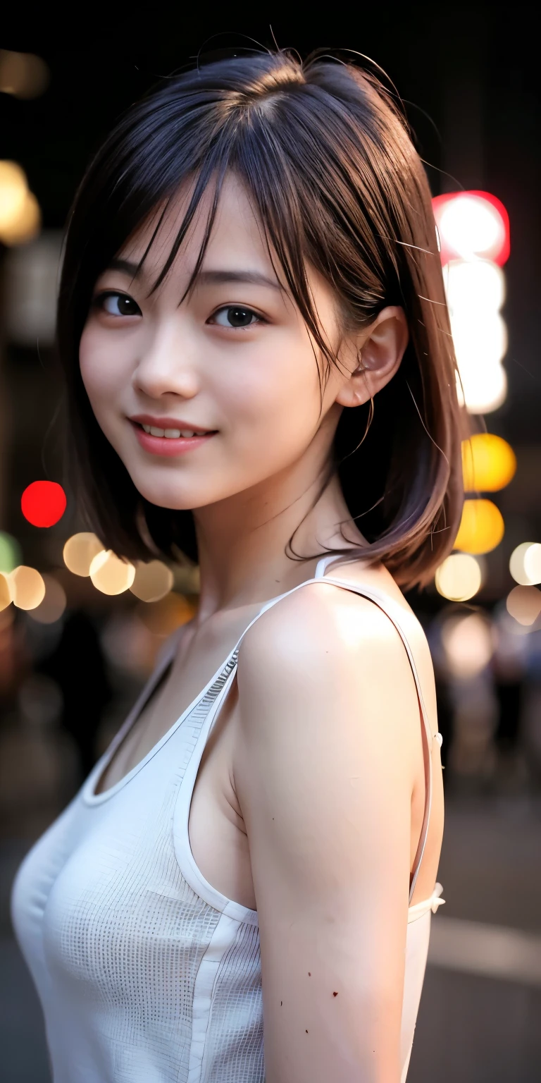 1 girl, Tokyo Street,night, Streetscape,City lights,Upper Body,close,smile,, (8k, RAW Photos, Highest quality, masterpiece:1.2),(Realistic, photo-Realistic:1.37),