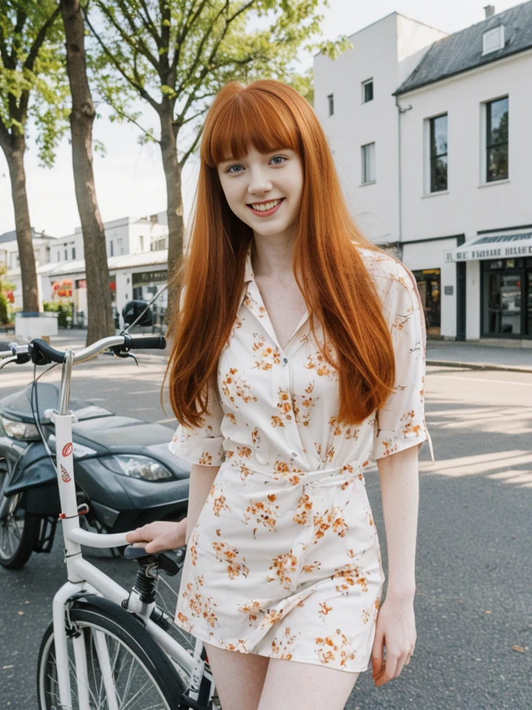 her name is Anna Maria Schmidt, high quality, ((white pale skin)), 1girl, ((20-year-old fit Caucasian woman)), ((20 years old)), ((fit)), ((ginger hair with bangs)), pose: standing, wearing stylish navy printed mini dress, BACKGROUND: street bicycle for a fresh and vibrant look, ugly smiling, standing, loose waves