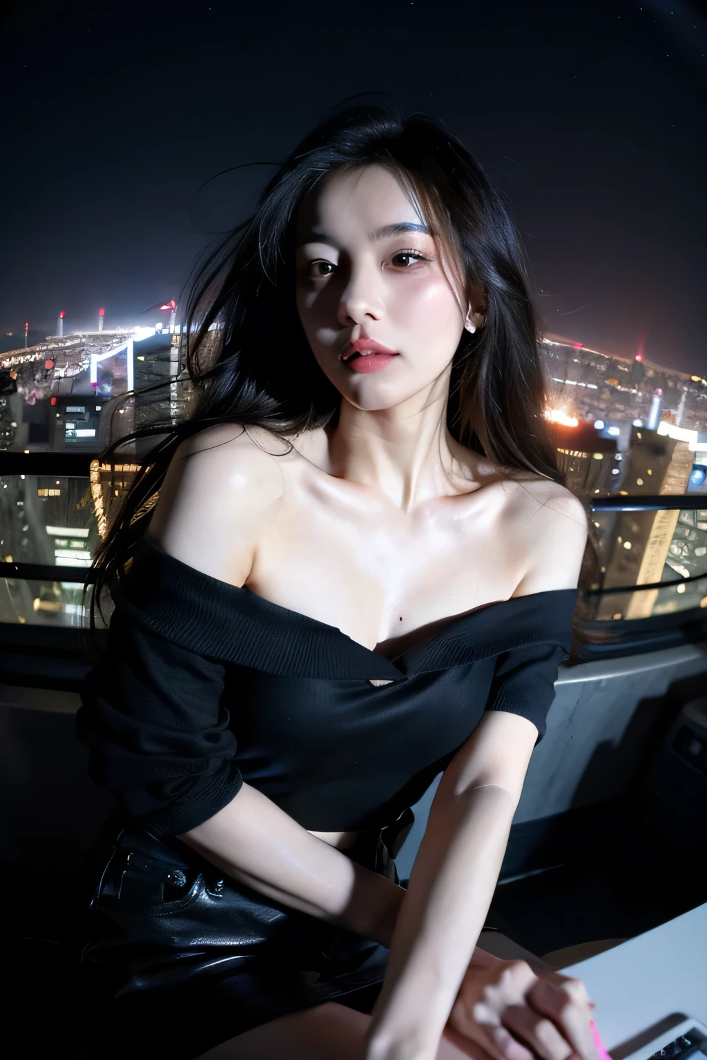 (masterpiece), best quality, Ultra-high resolution,, Cyberpunk 1girl flies over amazing city landscape ,hoodie,black hair, Neon Colors Shooting Star, Very long hair, Off-shoulder, Feather hair accessories, Neon Colors, Flash, Stunning Night Sky, light, Reality, Realistic skin, HDR,Fisheye