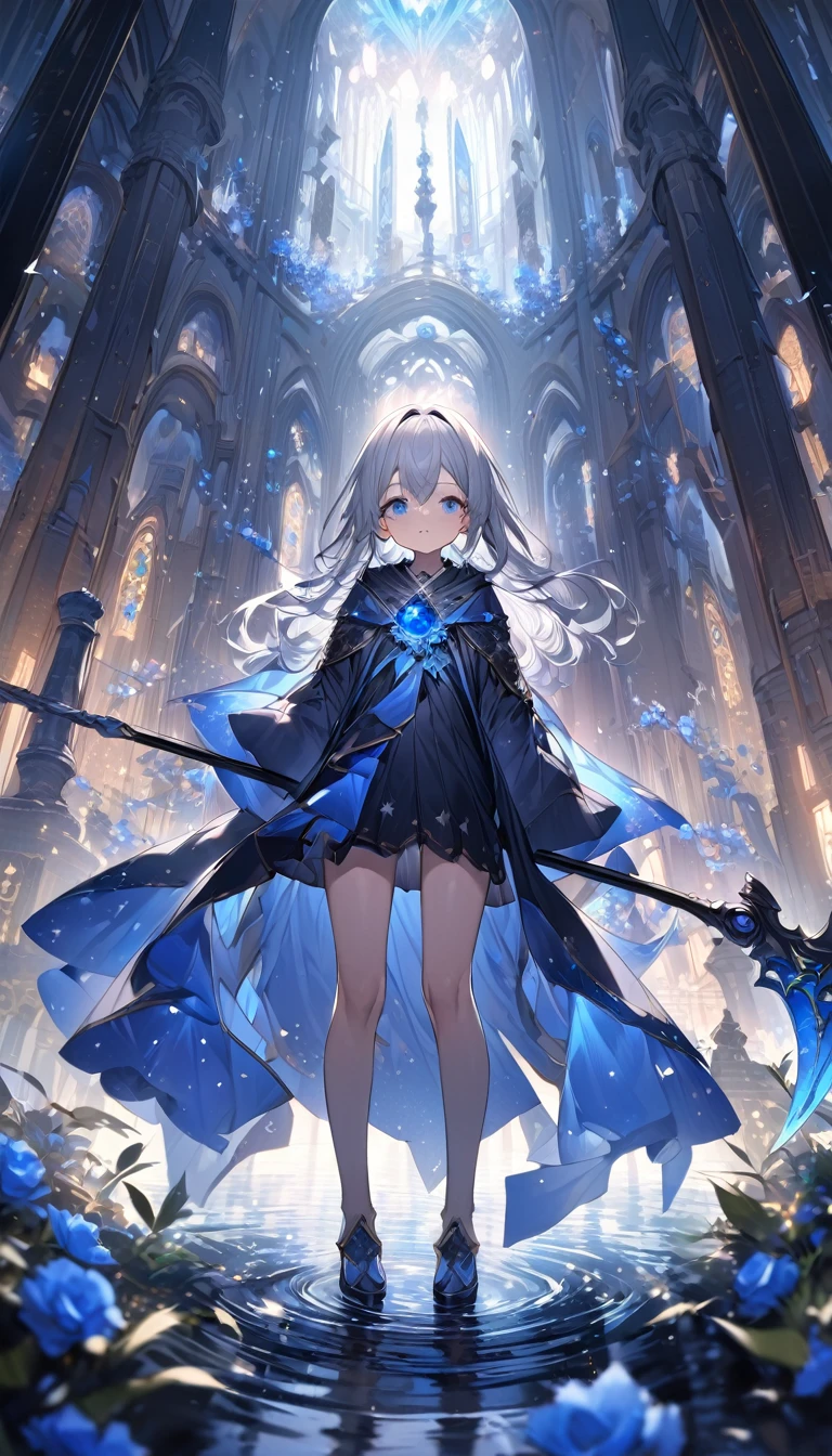 Highest quality,masterpiece,Detailed Details,Super detailed,colorful,The background is dark blue water,Transparency,Use HDR technology to create a sense of depth,beautiful,beautiful自然,Sacred atmosphere,8-year-old girl,Alone,Wearing starry wizard robes,Stand in the center of the screen,The whole body faces this way,Look diagonally forward to the left,holding a scythe,A scythe blade made from a blue gem,A scythe handle made from a black gem.,Narrow and gentle eyes,mysterious,Long silver hair decorated with blue flowers,Fantasy atmosphere,beautiful虹色の蝶々is flying in the air