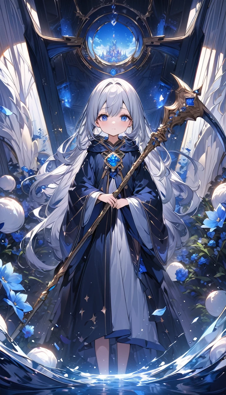 Highest quality,masterpiece,Detailed Details,Super detailed,colorful,The background is dark blue water,Transparency,Use HDR technology to create a sense of depth,beautiful,beautiful自然,Sacred atmosphere,8-year-old girl,Alone,Wearing starry wizard robes,Stand in the center of the screen,The whole body faces this way,Look diagonally forward to the left,holding a scythe,A scythe blade made from a blue gem,A scythe handle made from a black gem.,Narrow and gentle eyes,mysterious,Long silver hair decorated with blue flowers,Fantasy atmosphere,beautiful虹色の蝶々is flying in the air