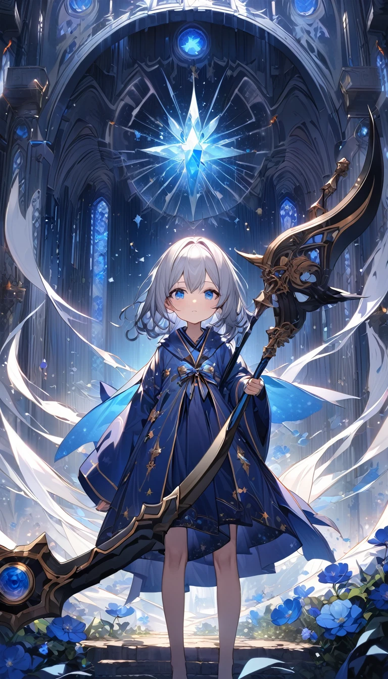 Highest quality,masterpiece,Detailed Details,Super detailed,colorful,The background is dark blue water,Transparency,Use HDR technology to create a sense of depth,beautiful,beautiful自然,Sacred atmosphere,8-year-old girl,Alone,Wearing starry wizard robes,Stand in the center of the screen,The whole body faces this way,Look diagonally forward to the left,holding a scythe,A scythe blade made from a blue gem,A scythe handle made from a black gem.,Narrow and gentle eyes,mysterious,Long silver hair decorated with blue flowers,Fantasy atmosphere,beautiful虹色の蝶々is flying in the air