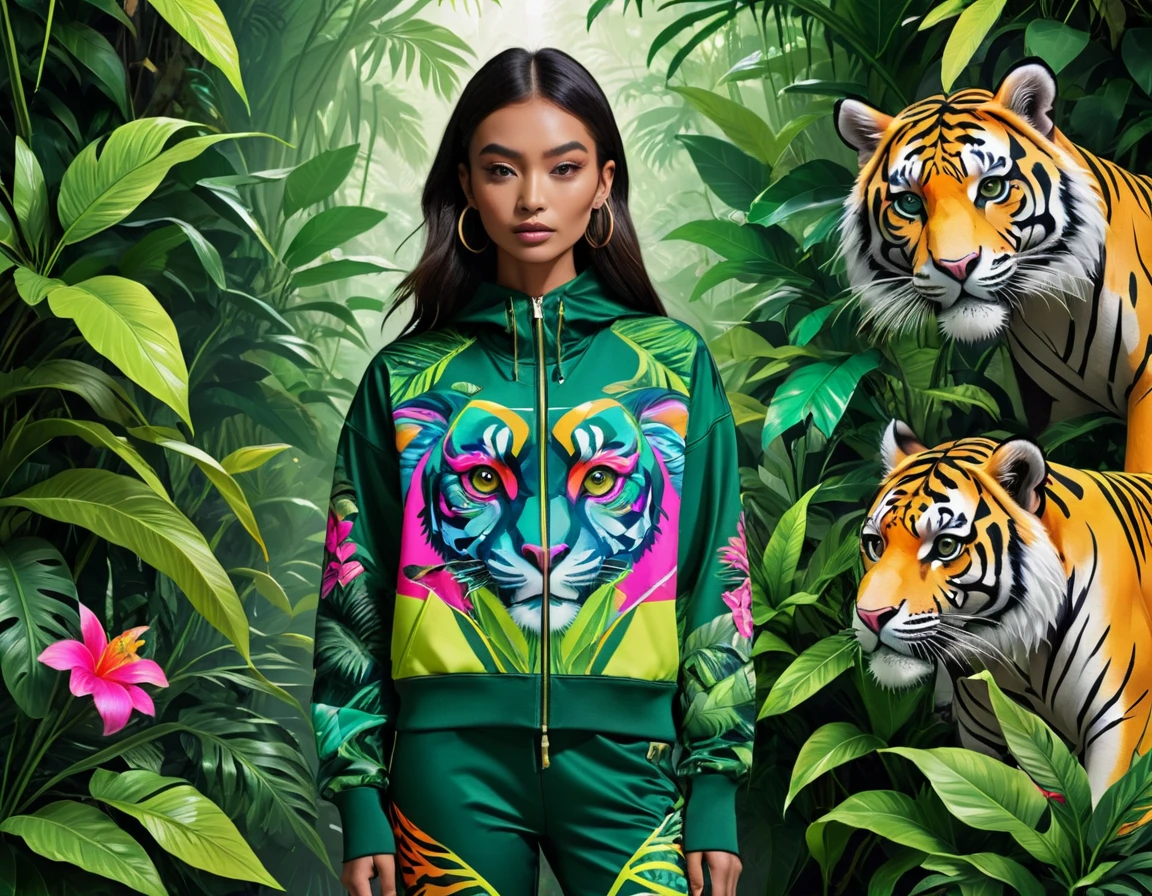 'This image showcases a sublimation print on streetwear garments, blending the wild chaos of a jungle with advanced technological aesthetics.',
        'The design features prints of wild animals such as tigers, monkeys, and birds, intertwined with lush vegetation like leaves, vines, and flowers.',
        'Geometric patterns and tech details are seamlessly integrated into the jungle elements, creating a harmonious yet contrasting visual.',
        'The color palette is bold and vibrant, dominated by neon and metallic shades that highlight the technological aspect of the design.',
        'The overall theme reflects a love for both nature and technological innovation, with the streetwear garments serving as a canvas for this unique fusion.',