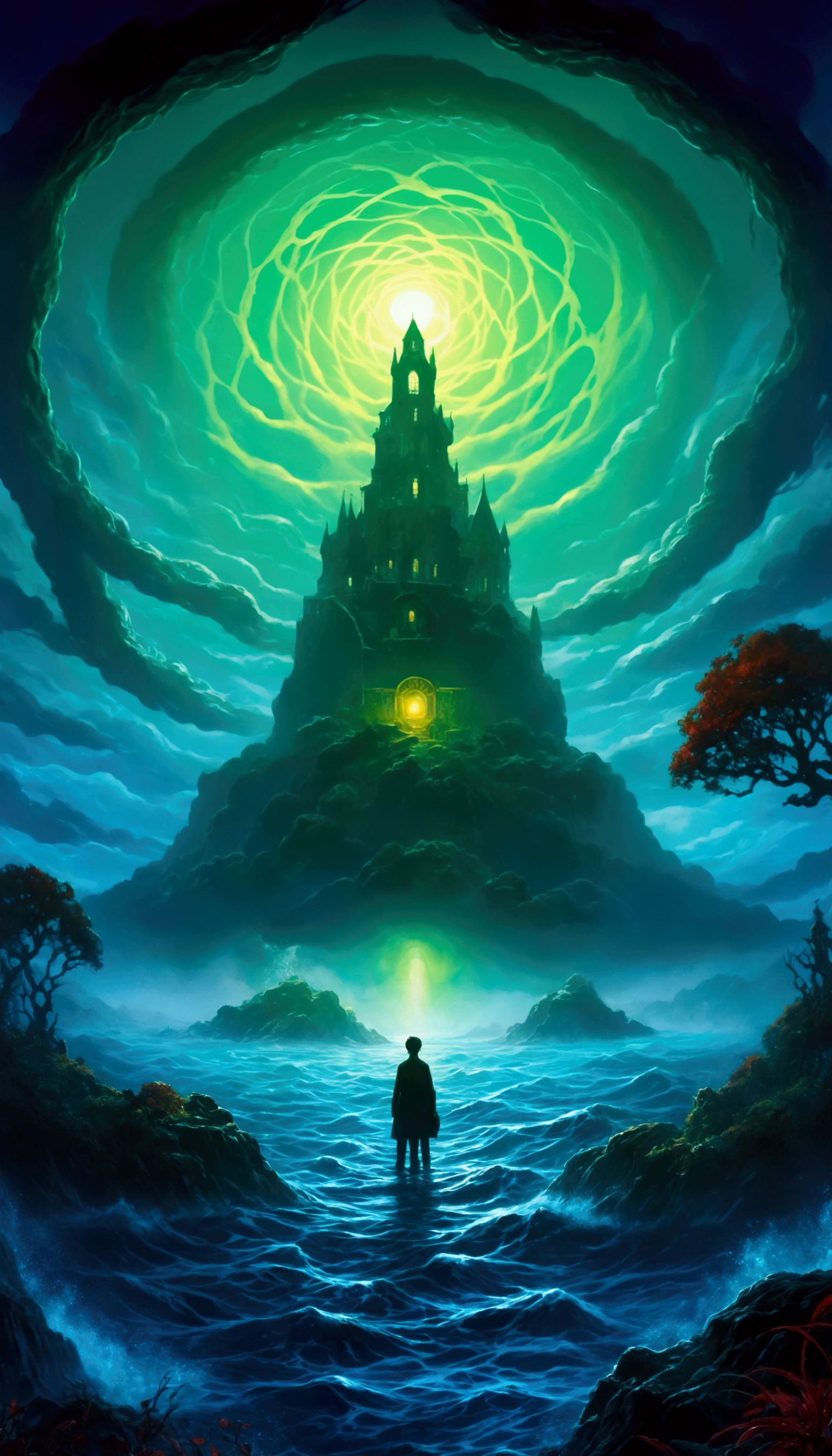 masterpiece, anime style, oil painting, award winning, centered, cinematic scene, Lovecraftian horror, vibrant illustration, cosmic horror, mysterious island, shrouded in fog, surrounded by water, wide shot, HD, 