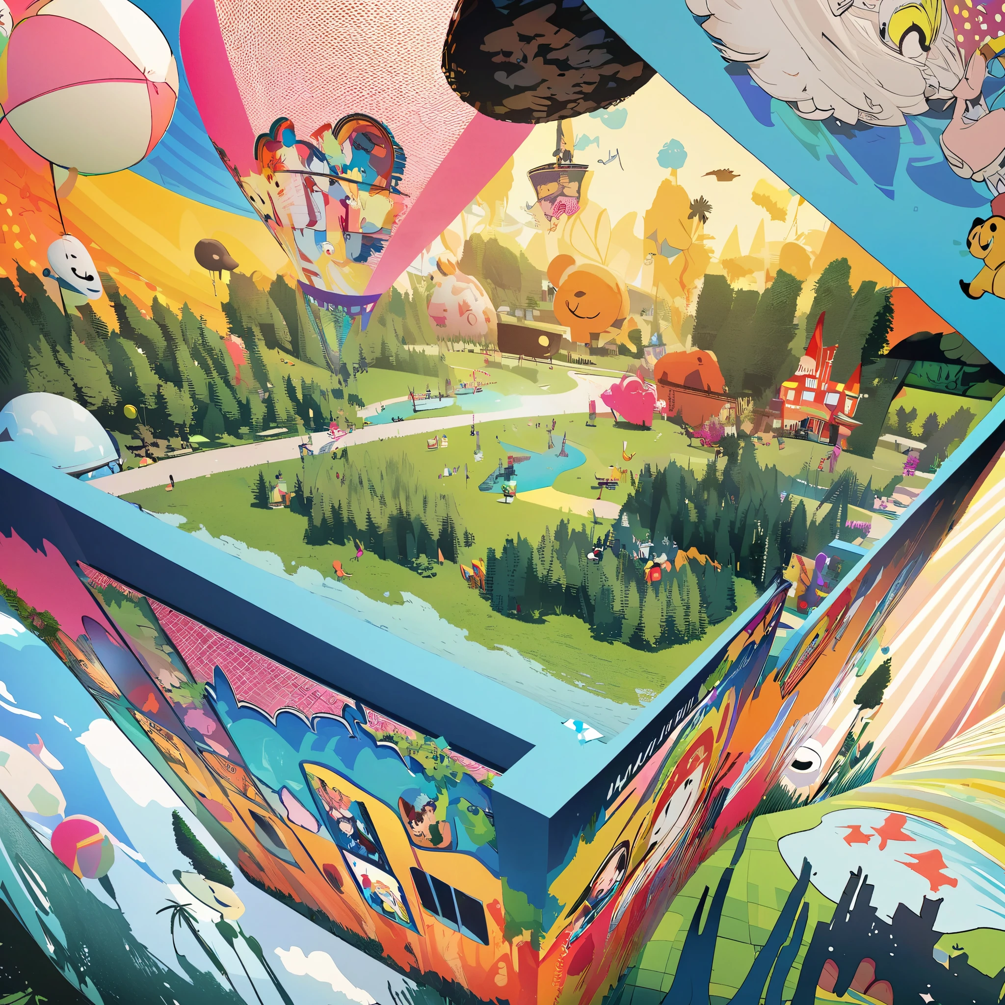 conceptual installation cute pop art, 2.5D, delicate and dynamic, style that combines Disney, Grimm, Aesop and Andersen, Wonderland, Mysterious  Island