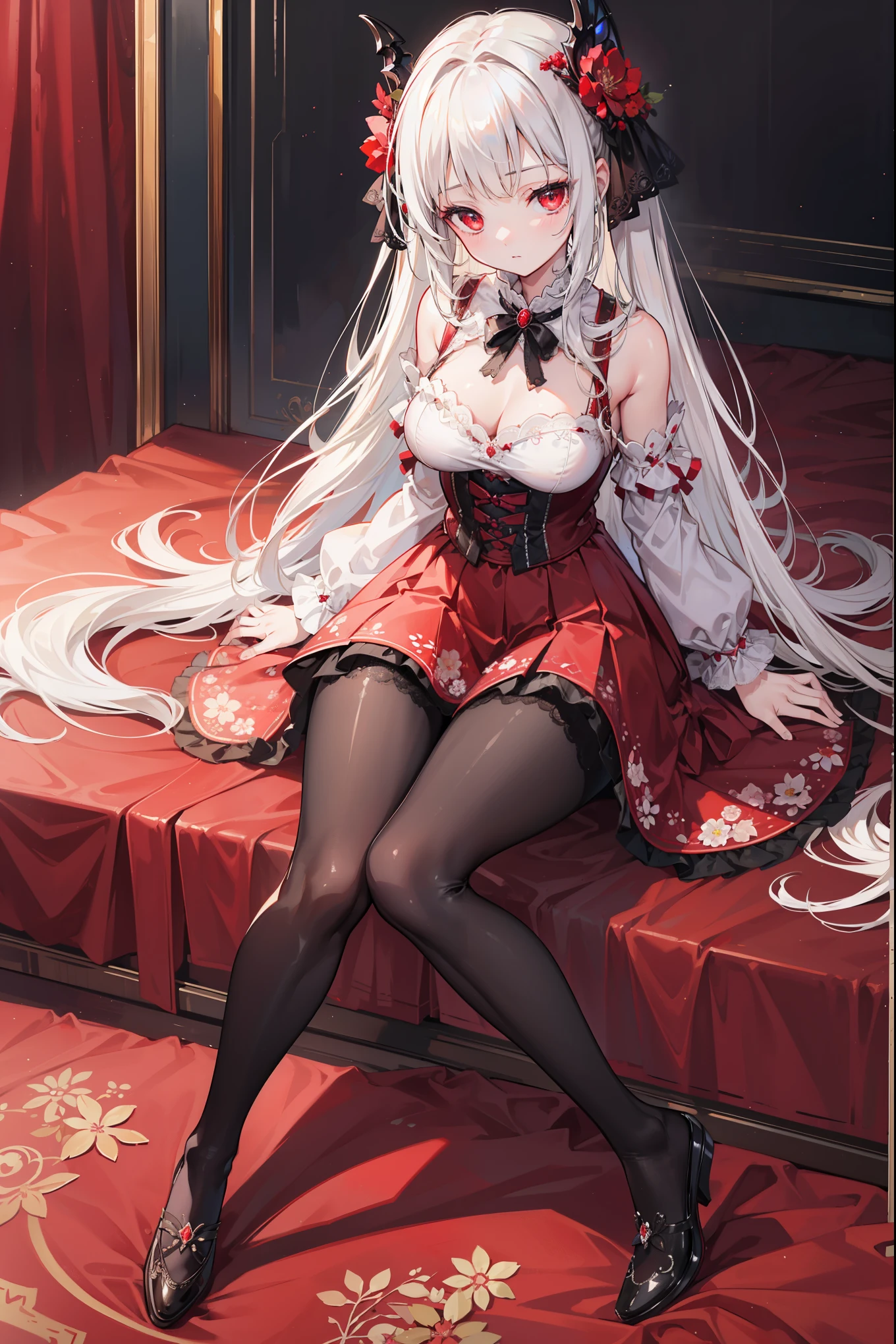 (Extremely detailed CG unification),Detailed clothes, masterpiece, Extremely delicate and beautiful, full-body shot, 1 Girl, Sitting,  Messy hair, Beautiful and delicate eyes，Red eyes, Lace pantyhose，Floral scent，Succubus&#39;s horns，Shoes for girls，Avoid extra feet，Bloody Gothic Tight Long Skirt，Damaged clothes，Broken creative scene