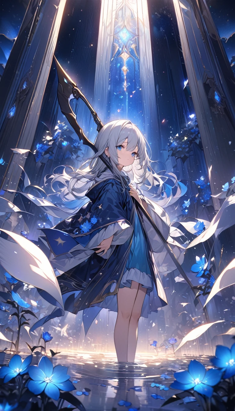 Highest quality,masterpiece,Detailed Details,Super detailed,colorful,The background is dark blue water,Transparency,Use HDR technology to create a sense of depth,beautiful,beautiful自然,Sacred atmosphere,8-year-old girl,Alone,Wearing starry wizard robes,Stand in the center of the screen,The whole body faces this way,Look diagonally forward to the left,holding a scythe,A scythe blade made from a blue gem,A scythe handle made from a black gem.,Narrow and gentle eyes,mysterious,Silver hair decorated with blue flowers,Fantasy atmosphere,beautiful虹色の蝶々is flying in the air