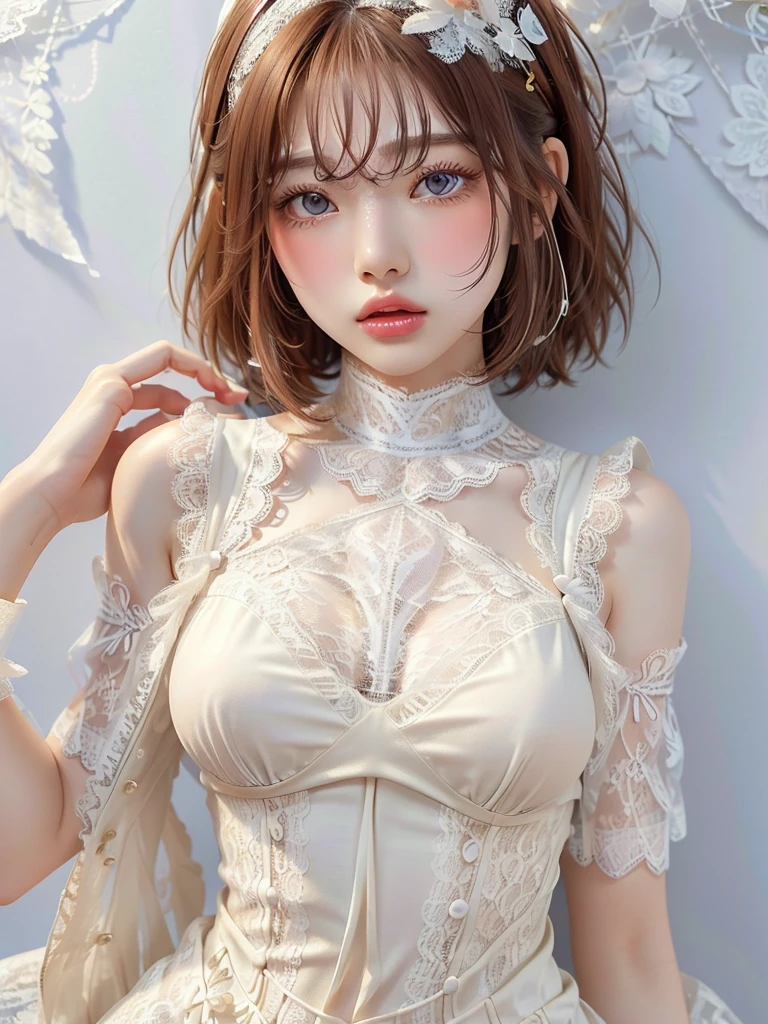 8k,Confused, High resolution, Very detailed, 1 girl, alone, Very beautiful eyes, Ultra-precise depiction, artistic、Very detailed depiction, (Tangled:1.2), , (White high key background:1.5), (((Lace dress:1.5))), See through、Off the shoulder、、 short hair、Platinum Blonde Hair, (Glowing Skin), Many colors, , (Shooting from the air:1.2),、Flat Body、slim、cute、、Round face、Cast a Shadow、See through、