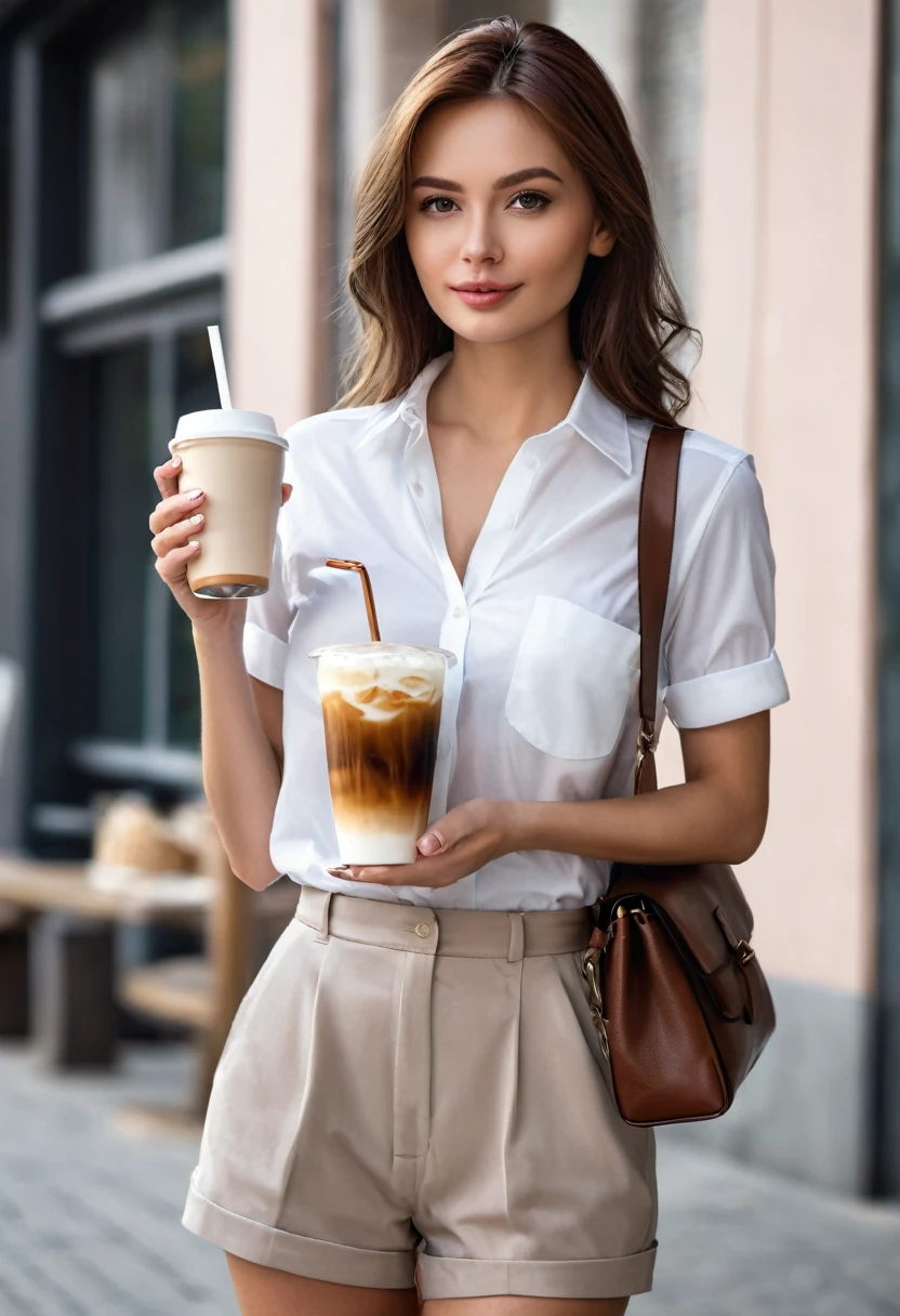 A realistic girl in white shirt, spectacular, and bag in hand, medium breast, drinking cold coffee