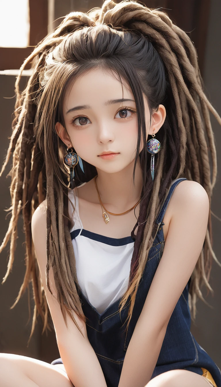 (masterpiece, Highest quality:1.2), One girl, alone,bony body、15 years old、dreadlocks、Earrings