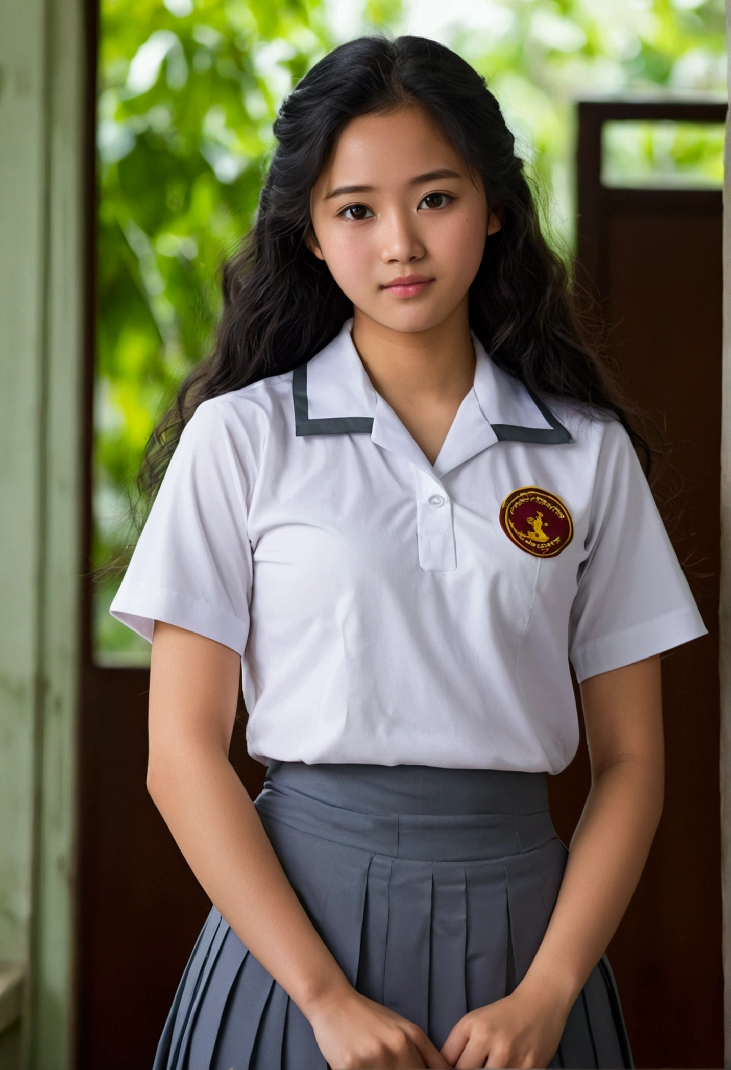 A beautiful woman, 18 years old, with a slightly sweaty face (smells of tamarind), with an expression as if she was smelling her body odor.  wearing an Indonesian high school student council uniform (white and gray, the clothes are super tight, the clothes are really tight on the body which emphasizes the curves of her body along with the long skirt) long black wavy hair.  Create a standing pose in front of the class & also sitting in class (2 photos)!