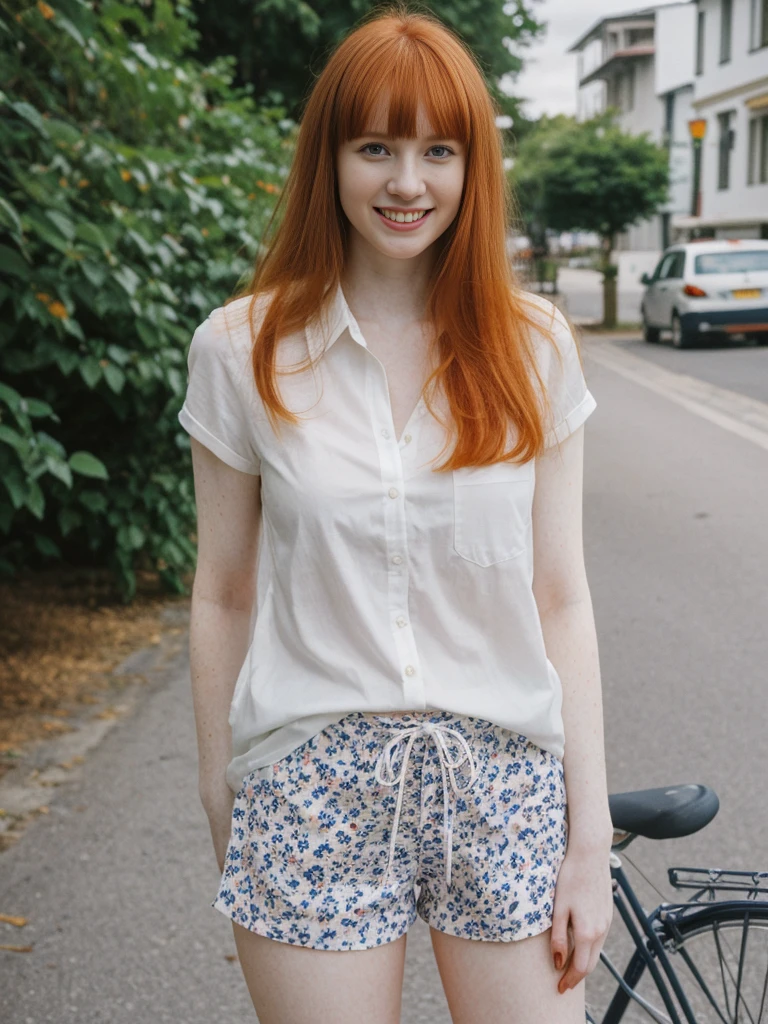 her name is Anna Maria Schmidt, high quality, ((white pale skin)), 1girl, ((20-year-old fit Caucasian woman)), ((20 years old)), ((fit)), ((ginger hair with bangs)), pose: standing, wearing stylish (navy printed blouse and shorts), BACKGROUND: street bicycle for a fresh and vibrant look, ugly smiling, standing, loose waves