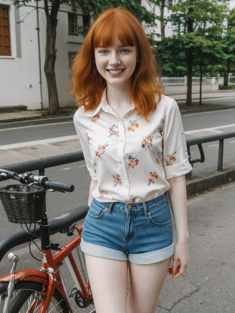 her name is Anna Maria Schmidt, high quality, ((white pale skin)), 1girl, ((20-year-old fit Caucasian woman)), ((20 years old)), ((fit)), ((ginger hair with bangs)), pose: standing, wearing stylish (navy printed blouse and shorts), BACKGROUND: street bicycle for a fresh and vibrant look, ugly smiling, standing, loose waves