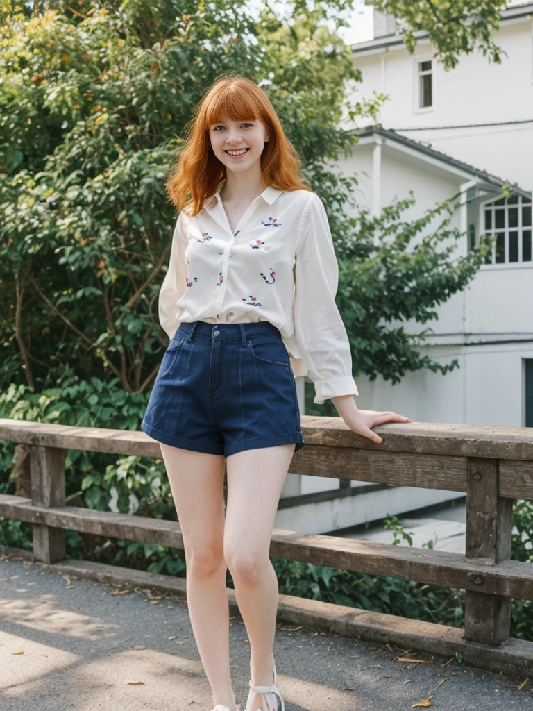 her name is Anna Maria Schmidt, high quality, ((white pale skin)), 1girl, ((20-year-old fit Caucasian woman)), ((20 years old)), ((fit)), ((ginger hair with bangs)), pose: standing, wearing stylish (navy printed blouse and shorts), BACKGROUND: street bicycle for a fresh and vibrant look, ugly smiling, standing, loose waves