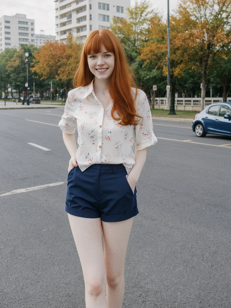 her name is Anna Maria Schmidt, high quality, ((white pale skin)), 1girl, ((20-year-old fit Caucasian woman)), ((20 years old)), ((fit)), ((ginger hair with bangs)), pose: standing, wearing stylish (navy printed blouse and shorts), BACKGROUND: street bicycle for a fresh and vibrant look, ugly smiling, standing, loose waves