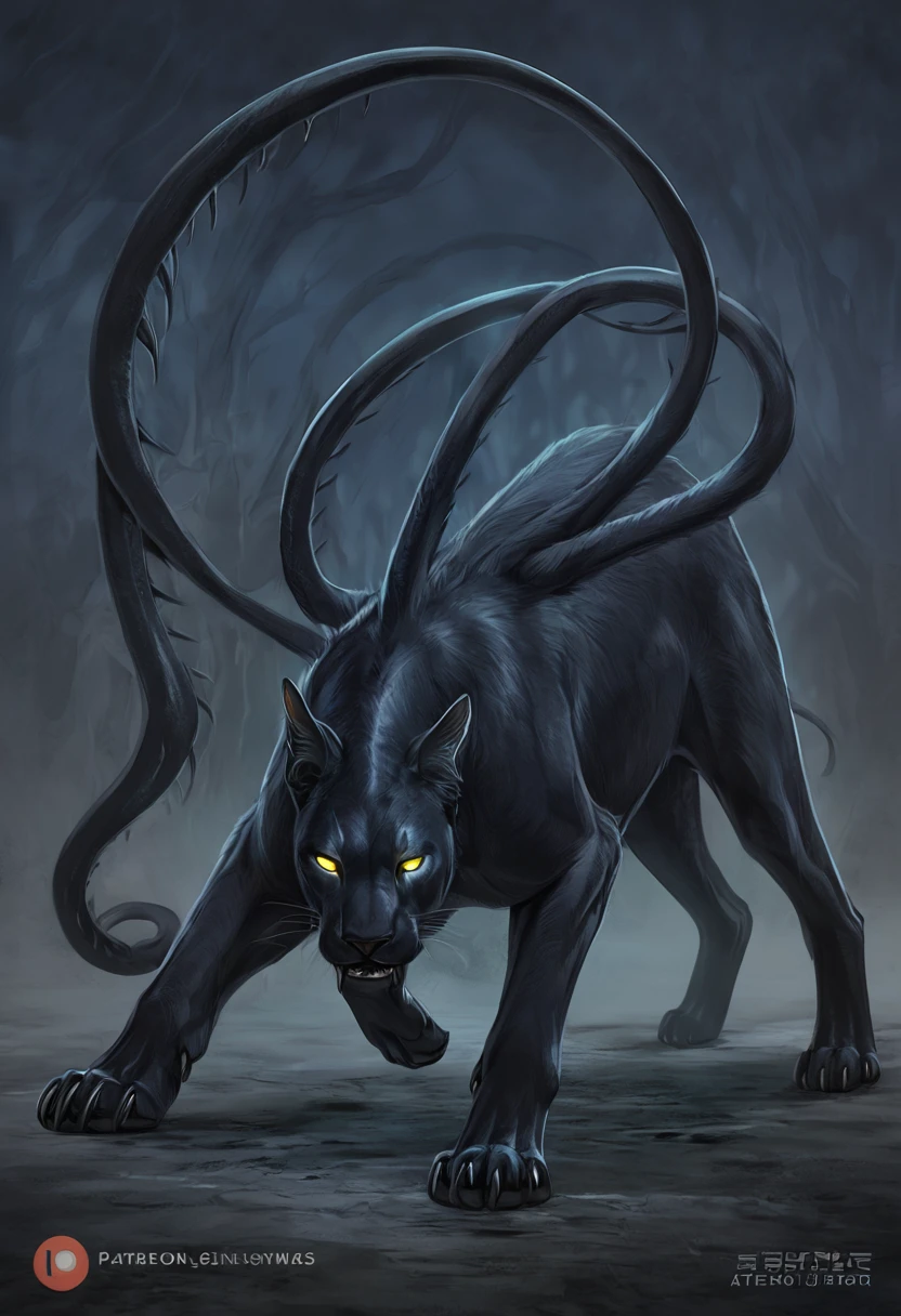 DISPLACER BEAST, feral, solo, FELINE BODY, HORROR, ((six legs, six paws)), DISPLACER beast looks like a large cat, covered with smooth blue-black fur. Its alien origins are obvious from the six legs and two tentacles that grow from its shoulders, ending in pads with sharp spines. The beast's eyes glow with a terrifying malice that persists even after its death.