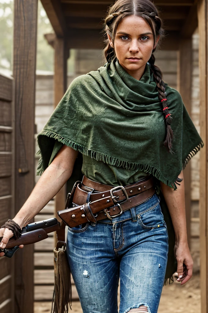 ((Female, 27 years old, red dead redemption aura, 1800s outlaw, dark green eyes, dark brown hair in messy braid, wearing dark poncho and tattered jeans, gun belt, knife strapped to leg, rifle strapped to back, dirty skin, back to viewer, head turned to look at viewer, slightly frown, intimidating look, excellent quality, detailed face, detailed clothing, detailed body))