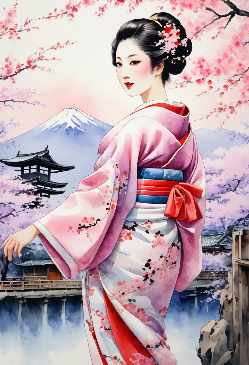 (Cherry blossom :1.5), (ink and watercolor painting:1.5), (Tasteful:1.5), (ink and watercolor painting:1.5), (full color:1.5), 8k, 4k, (landscapes:1.5),(cherry blossom trees:1.5),(wind:1.5),(flying cherry blossom petals:1.5),(kyoto:1.5),(pink theme:1.5),mount fuji in background, 1girl, A darK-haired, Smile, Eye-Level Shot, 8k, Super Detail, uhd, retina, masterpiece, Anatomically correct, Textured skin, kimono, silk fabric, japanese, Japanese clothes, (Wisteria floral pattern), Silk, Japan hair, Trailing hair, Japan beauties, BIG ASS, (wonderful proportions:1.8), (10 head body:1.8), Slim body, thin-waist, (Smart Standing), (Dignified atmosphere), Sense of cleanliness, (Full of elegance), Historical, heroine, refreshing, Edo style, Downtown Atmosphere, Edo-kko, Yoshiwara Geisha, Oiran, oiran, Countries, Juunihitoe, Premium kimono, amorous, Glossy appearance, (Long and beautiful legs:1.6), beautiful legs, (beautiful leg lines), (made in Japan:1.4), Genroku culture, beauty in return, sexy nape, watercolor painting style, half body, close up shot.