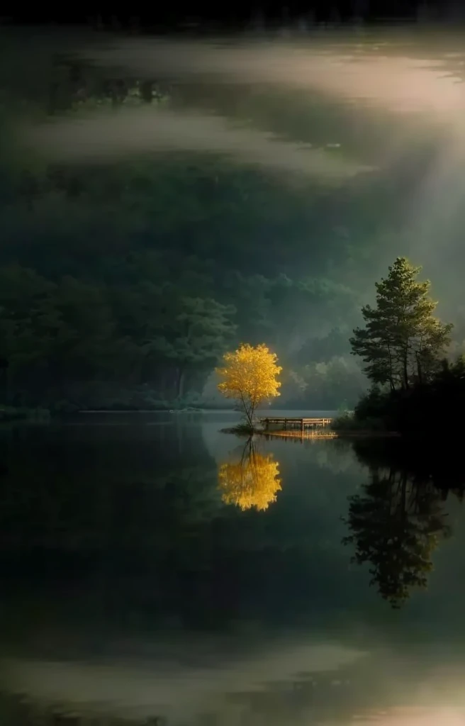 Trees reflected in the calm lake water, 在Tranquil scenery中, beautiful reflexions, Reflections on the water, mystical lake, nature's beauty, by Xia Yong, by Xie Shichen, Reflections in water, stunning nature in background, Immerse yourself in nature, Beautiful lighting scenery, Reflections in water, author：Yan Liben, Tranquil scenery