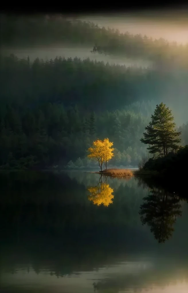 Trees reflected in the calm lake water, 在Tranquil scenery中, beautiful reflexions, Reflections on the water, mystical lake, nature's beauty, by Xia Yong, by Xie Shichen, Reflections in water, stunning nature in background, Immerse yourself in nature, Beautiful lighting scenery, Reflections in water, author:Yan Liben, Tranquil scenery