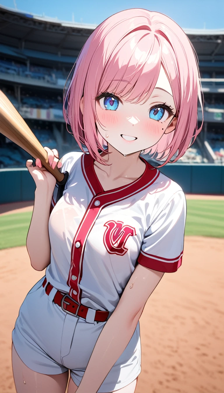(1 girl),(Best Picture Quality, 8K, Masterpiece:1.3), (high school student:1.5), ((pink lob hair:1.1)), (bob cut),(swept bangs), (cute eyes, pupil black, iris skyblue, youthful face), (mole under right eye), (standard weight), (small breasts), (glistening skin:1.1),(pale skin:1.2),((baseball uniform)),(Smile),(sweat),(short sleeve),(baseball bat),((magnificent view)).