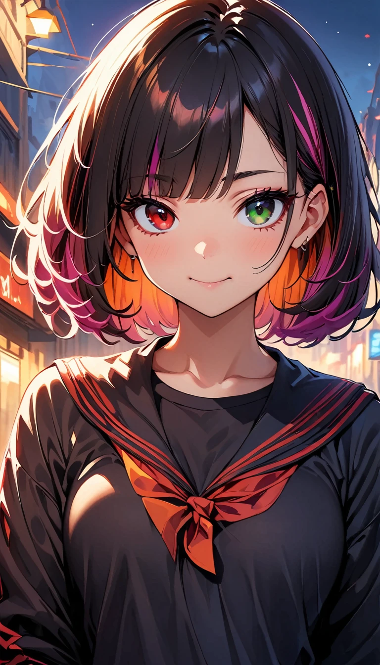 (highest quality:1.2, Very detailed, up to date, Vibrant, Ultra-high resolution, High Contrast, masterpiece:1.2, highest quality, Best aesthetics), Portraiture、girl、solo, (25-years-old), slim, , heterrochromia, green eye, red eye, Bright colors、Beautiful fine details、Beautiful lip detail、extra short hair, ((bob cut:1.5))、pink and purple ((streaked hair:1.9)), (highlights hair: 1.6), (small breast:1.3), (tan skin:0.7), ((eating red hot noodle soup:1.6)), (chinese restaurant), casual fashion, ((cowboy shot:1))