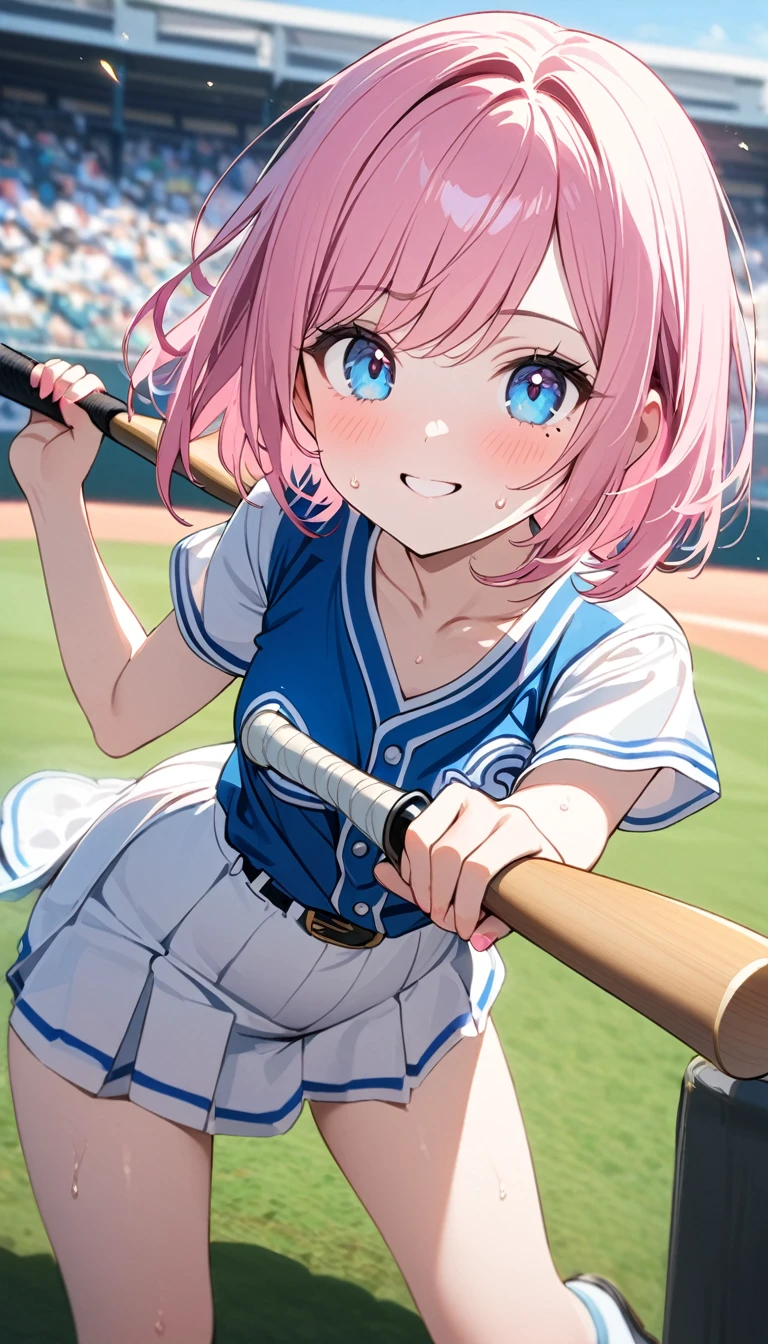 (1 girl),(Best Picture Quality, 8K, Masterpiece:1.3), (high school student:1.5), ((pink lob hair:1.1)), (bob cut),(swept bangs), (cute eyes, pupil black, iris skyblue, youthful face), (mole under right eye), (standard weight), (small breasts), (glistening skin:1.1),(pale skin:1.2),((baseball uniform)),(Smile),(sweat),(short sleeve),(baseball bat),(baseball bat swing),((magnificent view)).