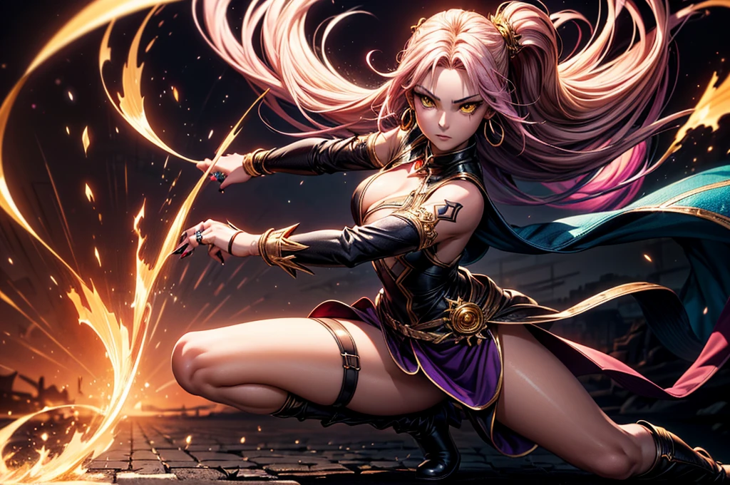 There is lost coliseum there stand female lioness in battle stance, she have ebony colour skin beautiful yellow eyes dark gold eyeshadows make up, ring style earrings, her hair is purple with pink highlights . she dressed in white neather topic with golden parts on countures also short and white leather straps on her catlike legs instead of boots, her hands have hude ruby claws on her fingers, (ultra high quality fantasy art, dark fantasy style, masterpiece, ultra high quality character design, 8k quality anime art, realistic anime art, top quality wallpaper illustration, detailed ultra high quality accurate face, high quality design and accurate physic)