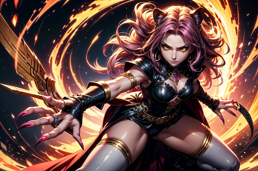 There is lost coliseum there stand female lionessin battle stance, she have ebony colour skin beautiful yellow cat eyes dark gold eyeshadows make up, ring style earrings, her hair is purple with pink highlights . she dressed in white neather topic with golden parts on countures also short and white leather straps on her cat legs instead of boots, her hands have hude ruby claws on her fingers, (ultra high quality fantasy art, anime fantasy style, masterpiece, ultra high quality character design, 8k quality anime art, realistic anime art, top quality wallpaper illustration, detailed ultra high quality accurate face, high quality design and accurate physic)