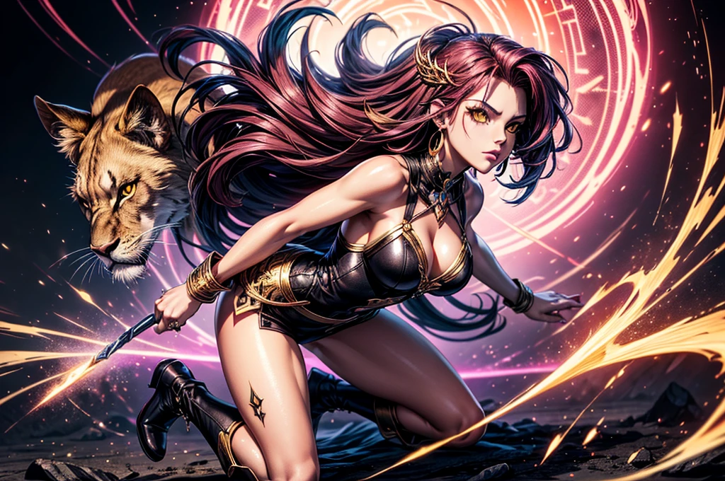 There is lost coliseum there stand female lioness in battle stance, she have ebony colour skin beautiful yellow eyes dark gold eyeshadows make up, ring style earrings, her hair is purple with pink highlights . she dressed in white neather topic with golden parts on countures also short and white leather straps on her catlike legs instead of boots, her hands have hude ruby claws on her fingers, (ultra high quality fantasy art, dark fantasy style, masterpiece, ultra high quality character design, 8k quality anime art, realistic anime art, top quality wallpaper illustration, detailed ultra high quality accurate face, high quality design and accurate physic)