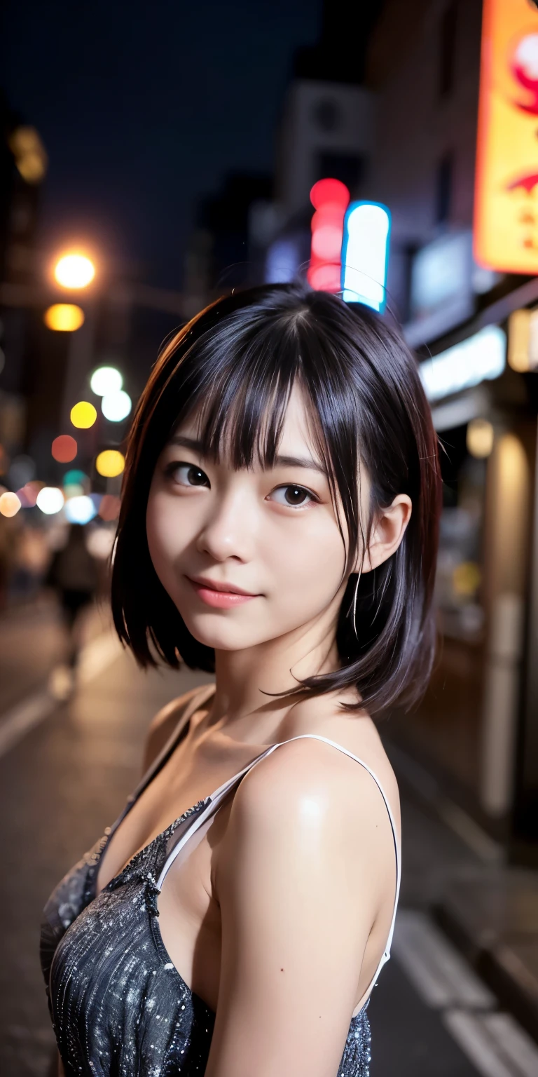 1 girl, Tokyo Street,night, Streetscape,City lights,Upper Body,close,smile,, (8k, RAW Photos, Highest quality, masterpiece:1.2),(Realistic, photo-Realistic:1.37),