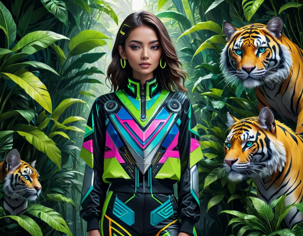 'Located in the top-left corner, this section features geometric patterns and tech details rendered in neon and metallic colors.',
'The geometric shapes, including triangles, squares, and circles, are arranged in a way that complements the jungle elements.',
'These patterns are interspersed with tech details like circuit lines and microchips, symbolizing advanced technology.',
'The neon colors, such as electric blue and neon green, contrast with the metallic shades of silver and gold, creating a dynamic and eye-catching visual.',
'This section adds a futuristic touch to the overall design, highlighting the technological aspect.',