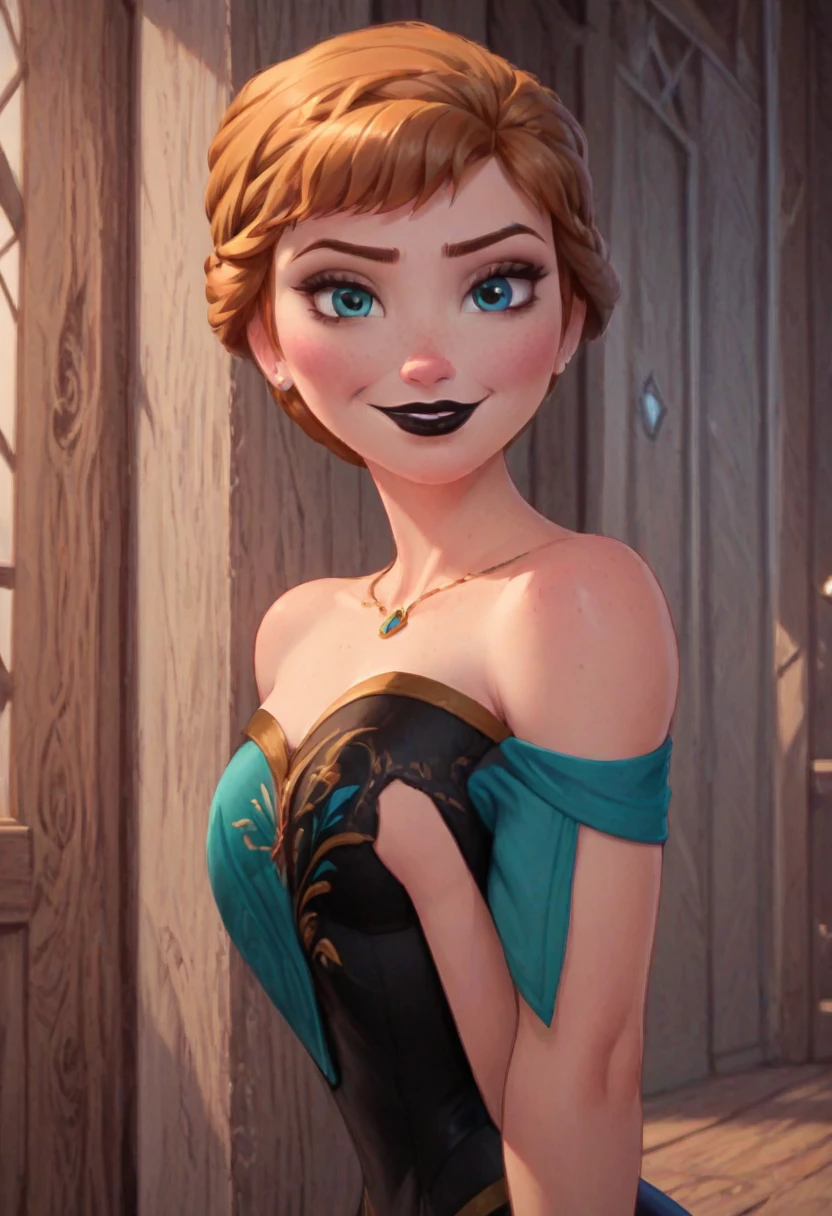 ((masterpiece, best quality)), Disney reference, (Anna), Anna smirks at viewer, black lipstick, black makeup, upper body: bare shoulders, skinny, wide hips