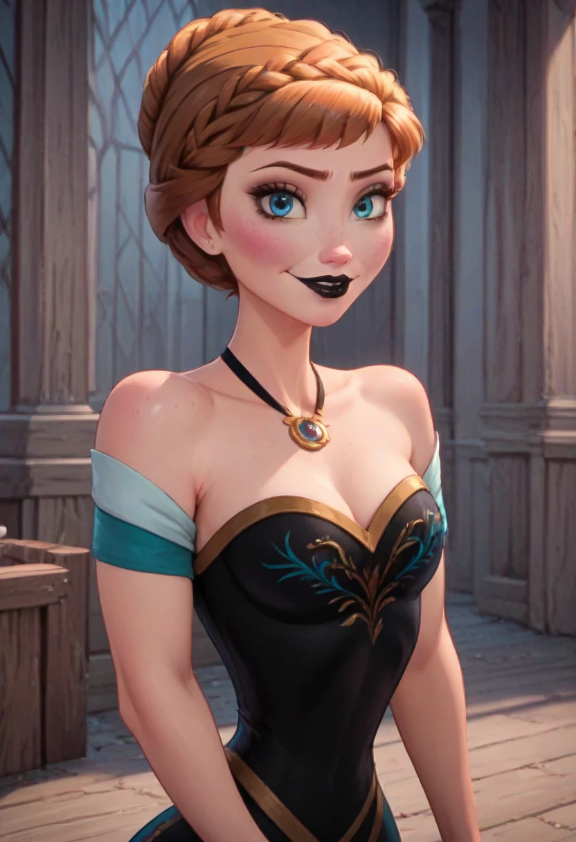 ((masterpiece, best quality)), Disney reference, (Anna), Anna smirks at viewer, black lipstick, black makeup, upper body: bare shoulders, skinny, wide hips