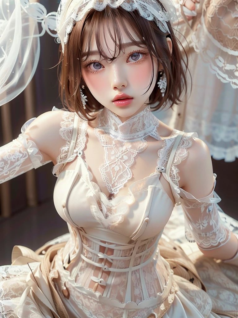 8k,Confused, High resolution, Very detailed, 1 girl, alone, Very beautiful eyes, Ultra-precise depiction, artistic、Very detailed depiction, (Tangled:1.2), , (White high key background:1.5), (((Lace dress:1.5))), See through、Off the shoulder、、 short hair、Platinum Blonde Hair, (Glowing Skin), Many colors, , (Shooting from the air:1.2),、Flat Body、slim、cute、、Round face、Cast a Shadow、See through、