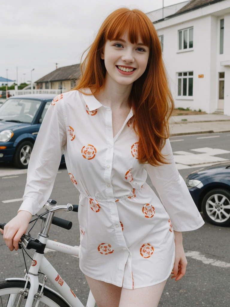 her name is Anna Maria Schmidt, high quality, ((white pale skin)), 1girl, ((20-year-old fit Caucasian woman)), ((20 years old)), ((fit)), ((ginger hair with bangs)), pose: standing, wearing stylish navy printed mini dress, BACKGROUND: street bicycle for a fresh and vibrant look, ugly smiling, standing, loose waves