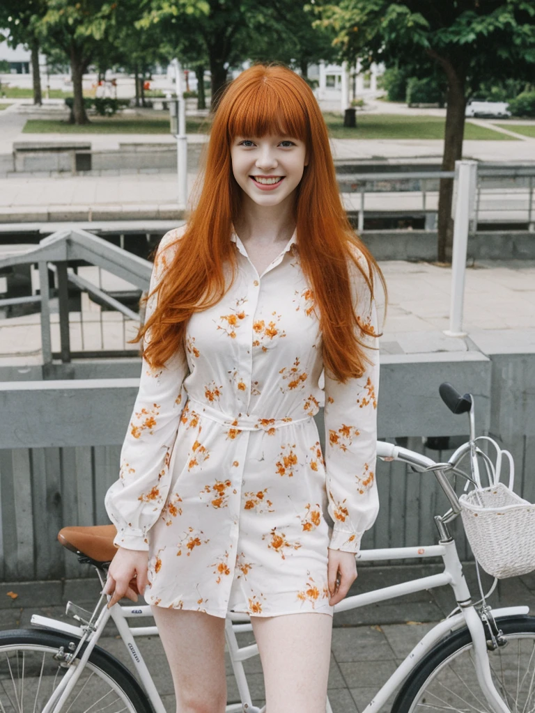 her name is Anna Maria Schmidt, high quality, ((white pale skin)), 1girl, ((20-year-old fit Caucasian woman)), ((20 years old)), ((fit)), ((ginger hair with bangs)), pose: standing, wearing stylish navy printed mini dress, BACKGROUND: street bicycle for a fresh and vibrant look, ugly smiling, standing, loose waves