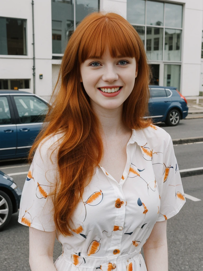 her name is Anna Maria Schmidt, high quality, ((white pale skin)), 1girl, ((20-year-old fit Caucasian woman)), ((20 years old)), ((fit)), ((ginger hair with bangs)), pose: standing, wearing stylish navy printed mini dress, BACKGROUND: street bicycle for a fresh and vibrant look, ugly smiling, standing, loose waves