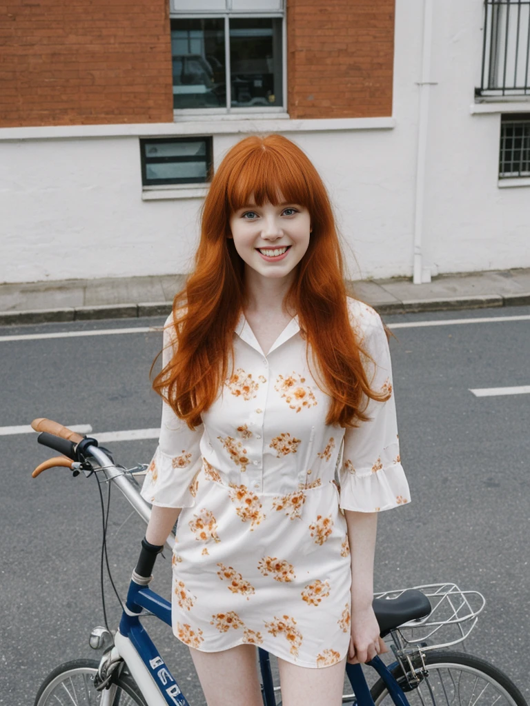 her name is Anna Maria Schmidt, high quality, ((white pale skin)), 1girl, ((20-year-old fit Caucasian woman)), ((20 years old)), ((fit)), ((ginger hair with bangs)), pose: standing, wearing stylish navy printed mini dress, BACKGROUND: street bicycle for a fresh and vibrant look, ugly smiling, standing, loose waves